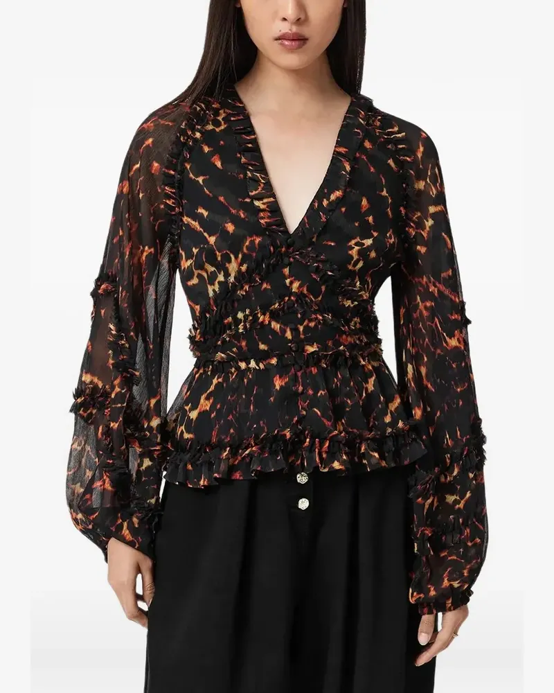 AllSaints Gerüschte Bluse mit Animal-Print - Schwarz Schwarz