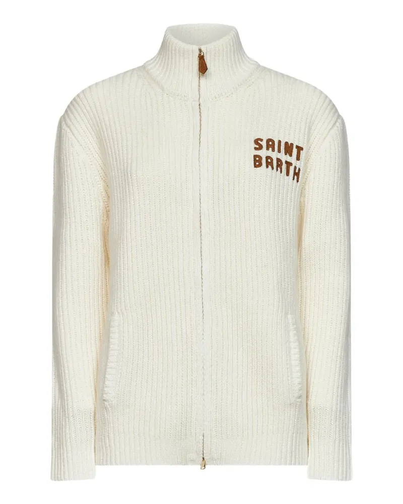 MC2 Saint Barth off white Noire wool blend full-zip knit with logo embroidery sweater - Nude Nude