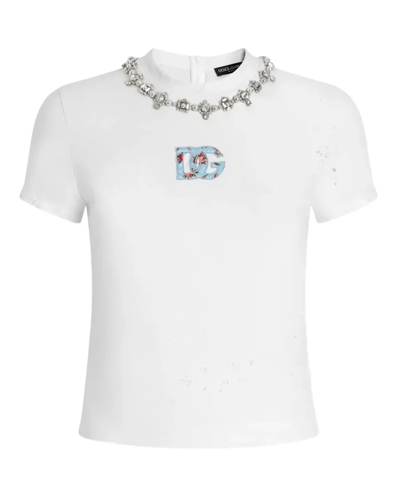 Dolce & Gabbana Rundhals-T-Shirt mit Blumendetail - Weiß Weiß