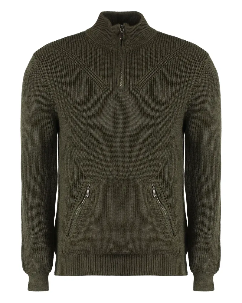 MOORER Gerippter Pullover mit kurzem Reißverschluss - Grün Grün