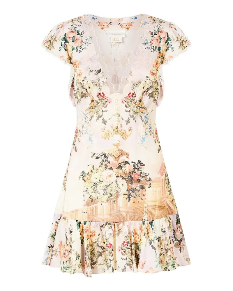 Camilla ruffle-sleeve floral-print mini dress - Nude Nude