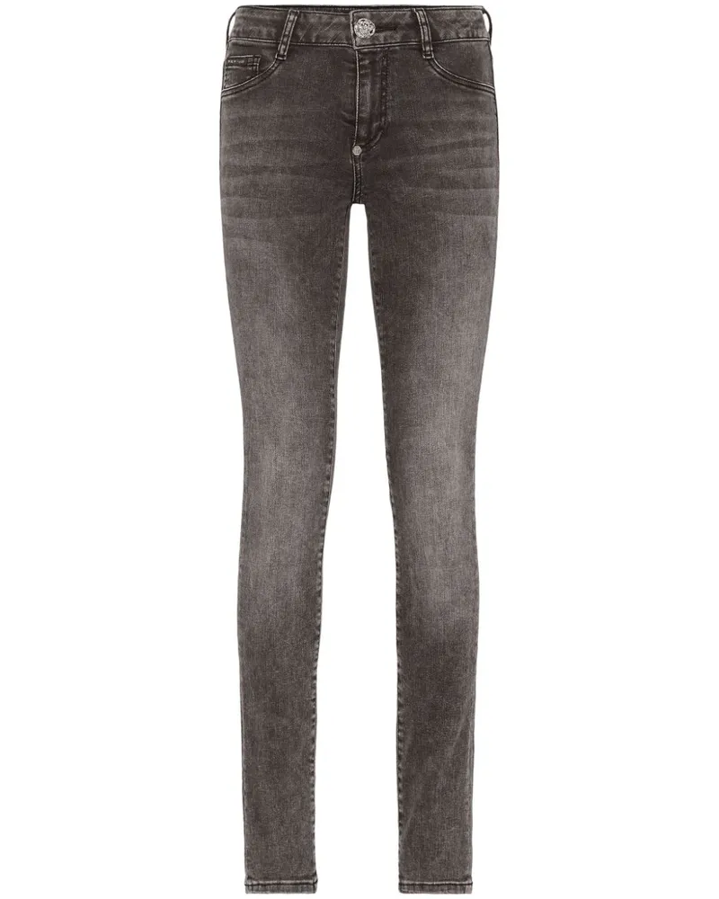 Philipp Plein Halbhohe Skinny-Jeans mit Logo-Applikation Grau