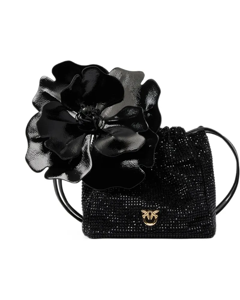 Pinko shoulder bucket bag in fully rhinestone fabric with flower - Schwarz Schwarz