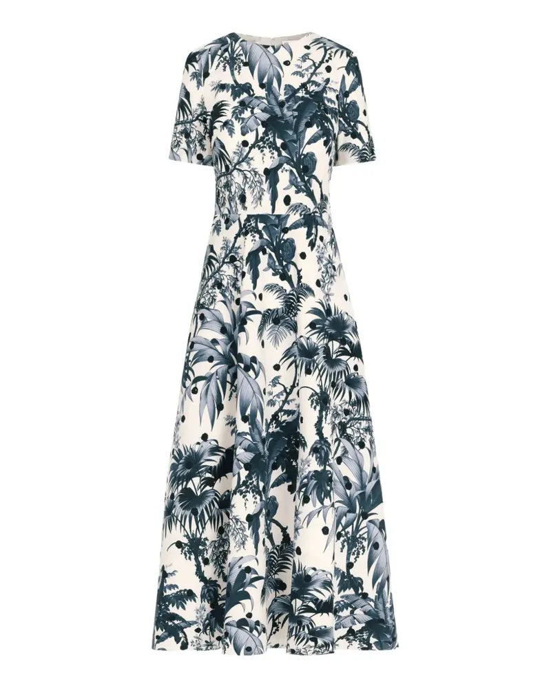 Oscar de la Renta Kurzärmeliges Kleid aus Baumwollpopeline mit Palmenblatt-Print - Nude Nude