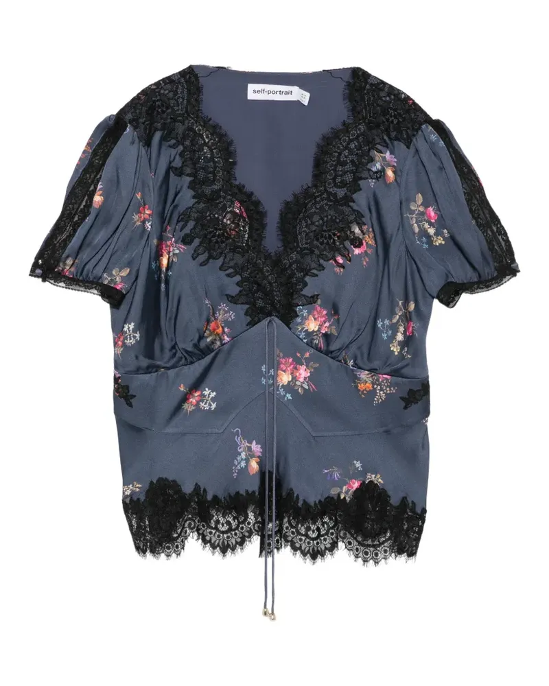 Self-Portrait floral-print lace-trim top - Grau Grau