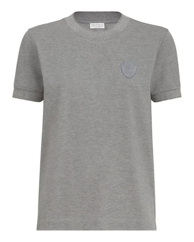 Brunello Cucinelli T-Shirt aus Baumwollstretch-Piqué mit glitzernden Einsätzen und Logo - Grau Grau