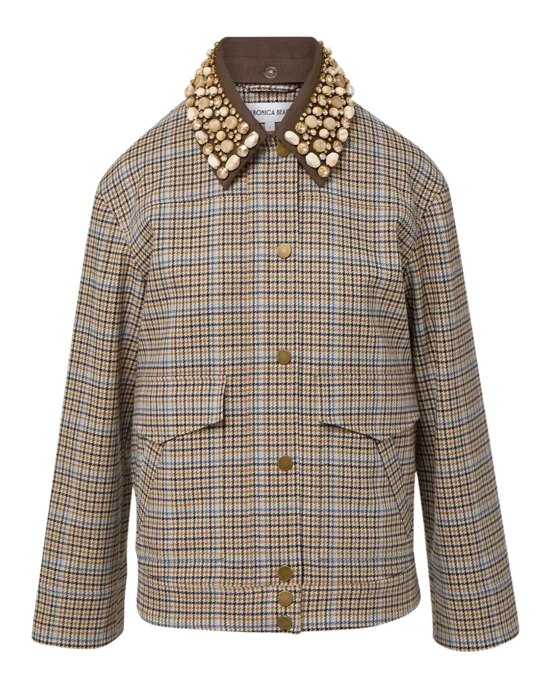 Veronica Beard Kasper plaid-pattern embellished-collar jacket - Nude Nude
