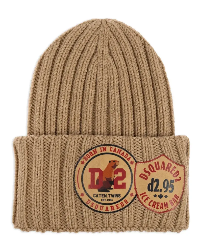 Dsquared2 Gerippte Beanie mit Logo-Patch - Braun Braun