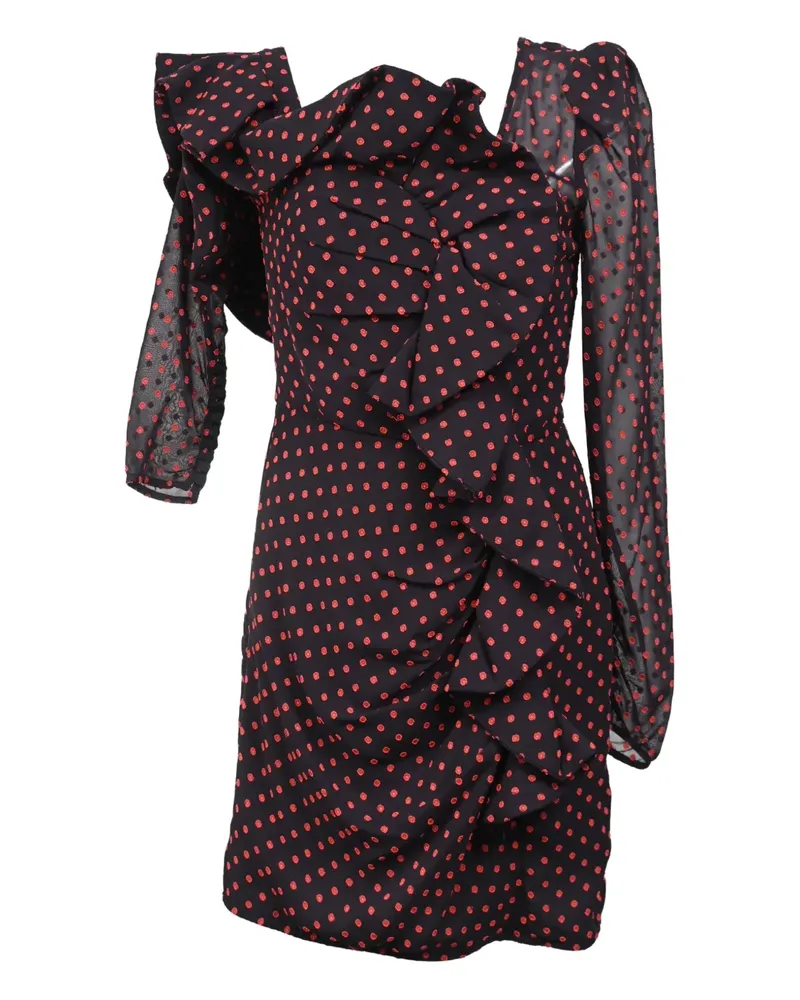 Self-Portrait one-shoulder polka dot ruffled plumetis mini dress - Schwarz Schwarz
