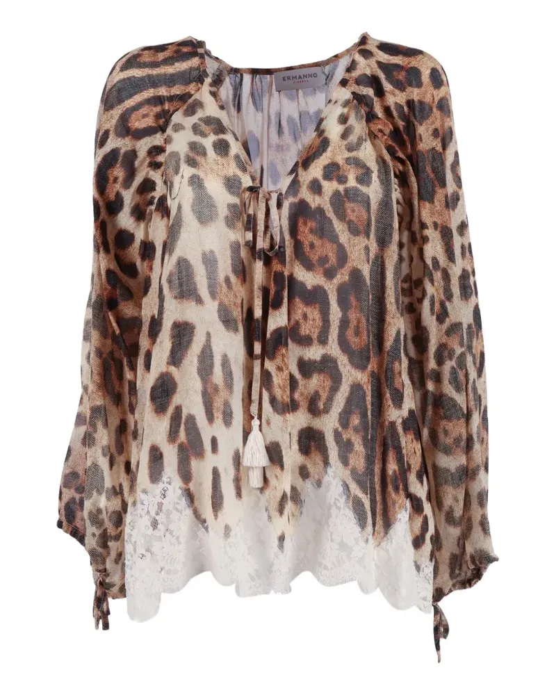 Ermanno Scervino leopard-print lace-trim blouse - Nude Nude