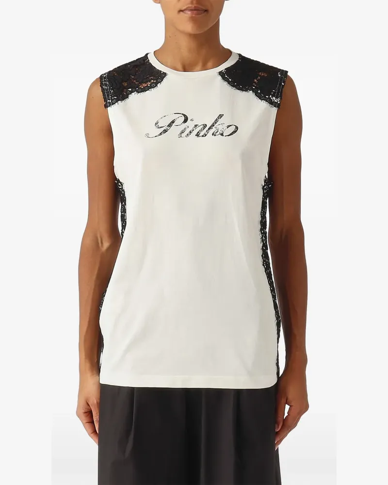 Pinko lace-trim logo-print top - Weiß Weiß