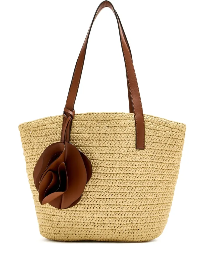 FARM Rio Tote Bag mit Lederhenkel aus Raffiabast - Nude Nude