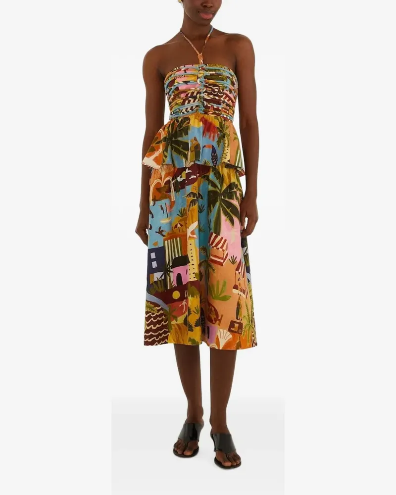 FARM Rio Tropical Painting ruched midi dress - Nude Nude