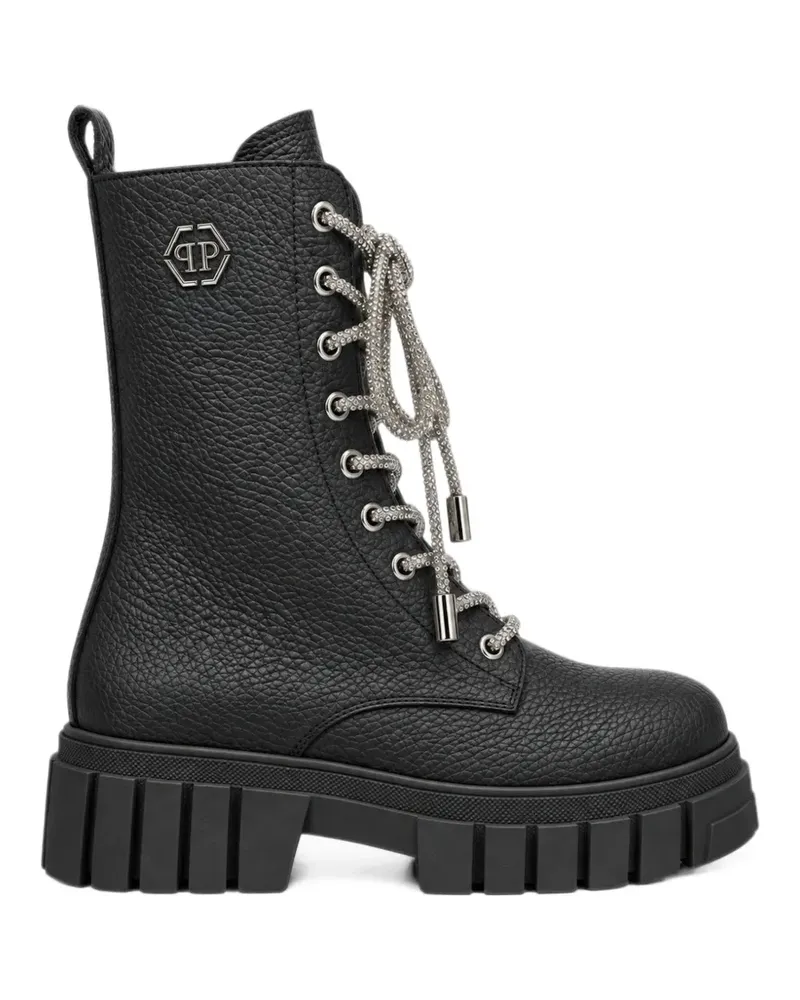 Philipp Plein Stiefel aus gekörntem Leder mit Kristallen - Schwarz Schwarz