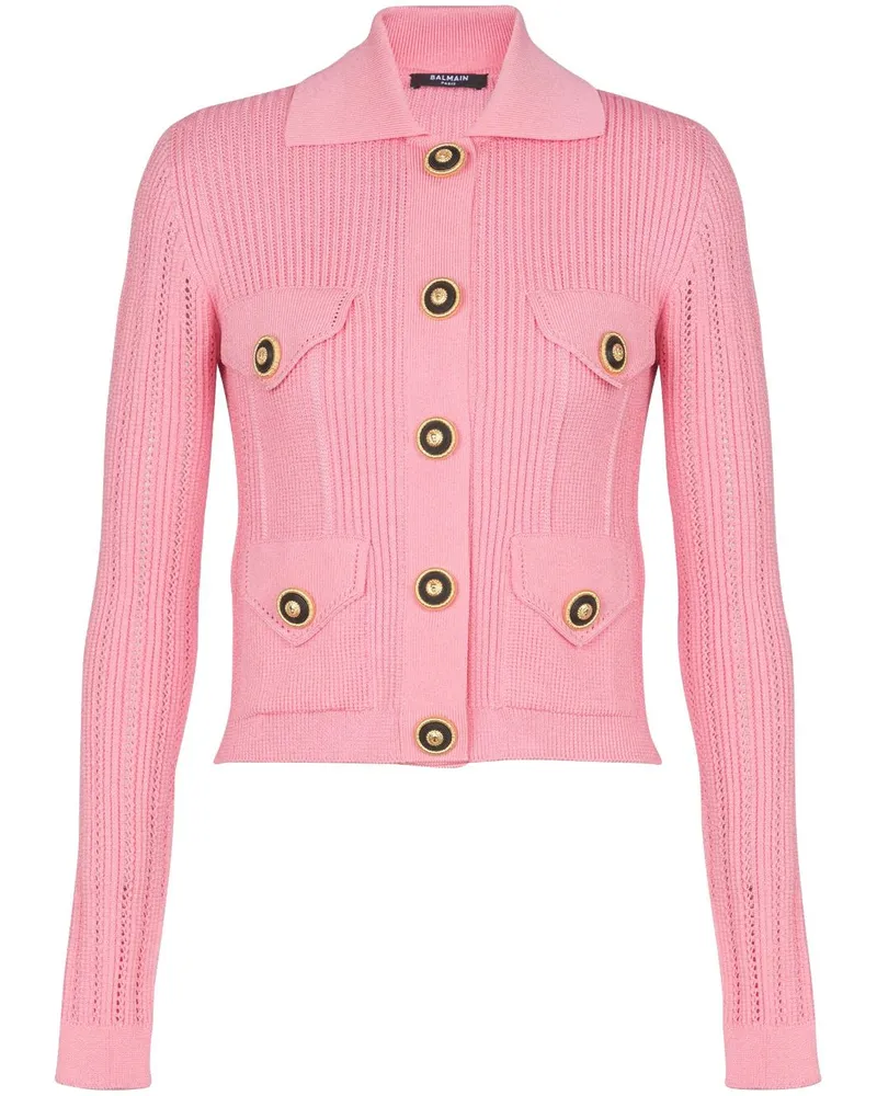 Balmain Gerippter Cardigan mit Logo - Rosa Rosa