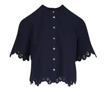 Leinenbluse mit Lochstickerei - Blau