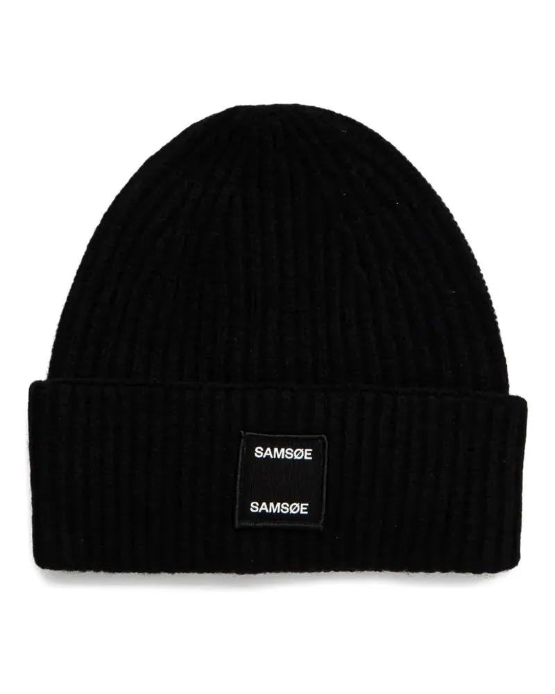 Samsøe & Samsøe logo-patch ribbed-knit beanie hat - Schwarz Schwarz