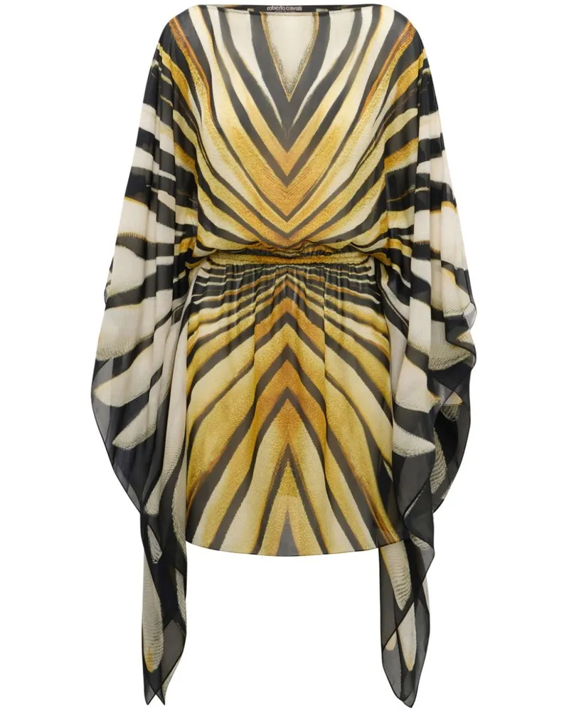 Roberto Cavalli Chiffon-Seidenkleid mit Ray of Gold-Print Gold