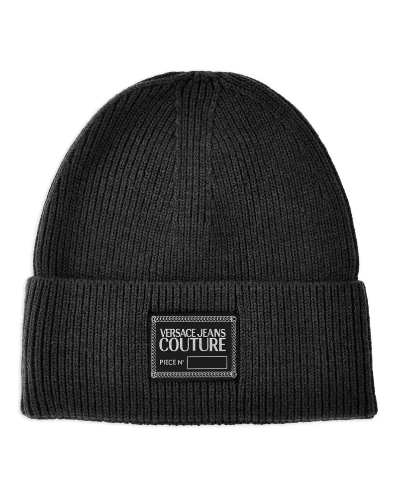 Versace Jeans Gerippte Beanie mit Logo-Schild - Schwarz Schwarz