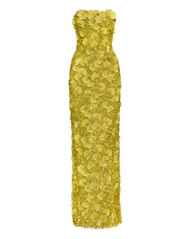 Oscar de la Renta Abendkleid aus Raffiabast mit Pailletten - Gelb Gelb
