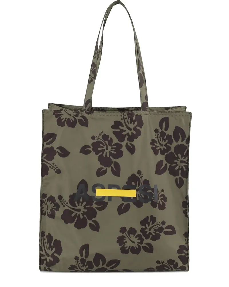 ASPESI Tote Bag mit Hibiskus-Print - Grün Grün