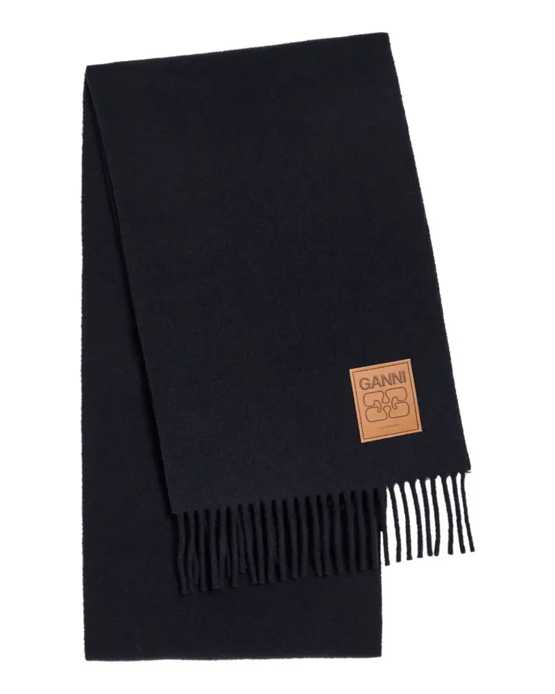 Ganni logo-patch fringed scarf - Blau Blau