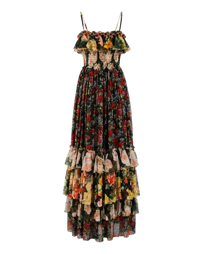 Dolce & Gabbana Gestuftes Maxikleid mit Blumenprint - Schwarz Schwarz