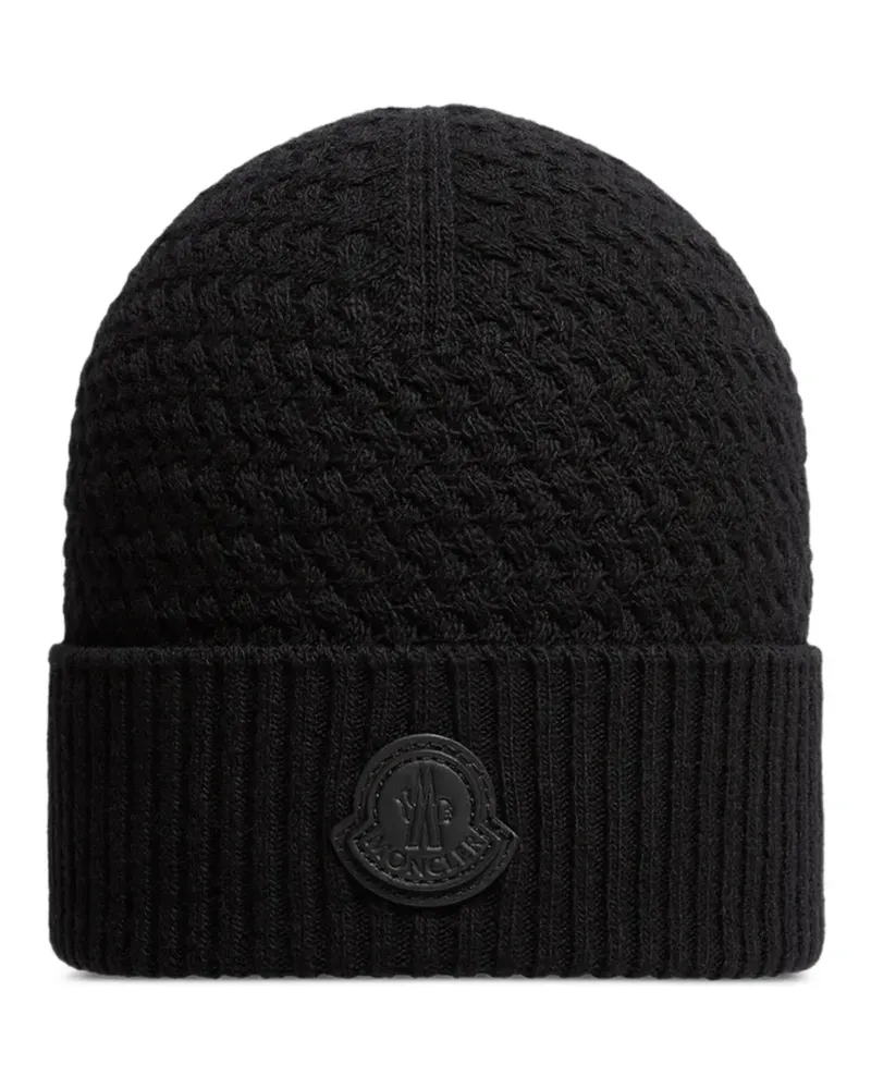 Moncler Gerippte Beanie mit Logo-Patch - Schwarz Schwarz
