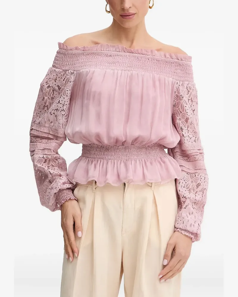 Guess Gesmokte Bluse mit Spitze - Rosa Rosa