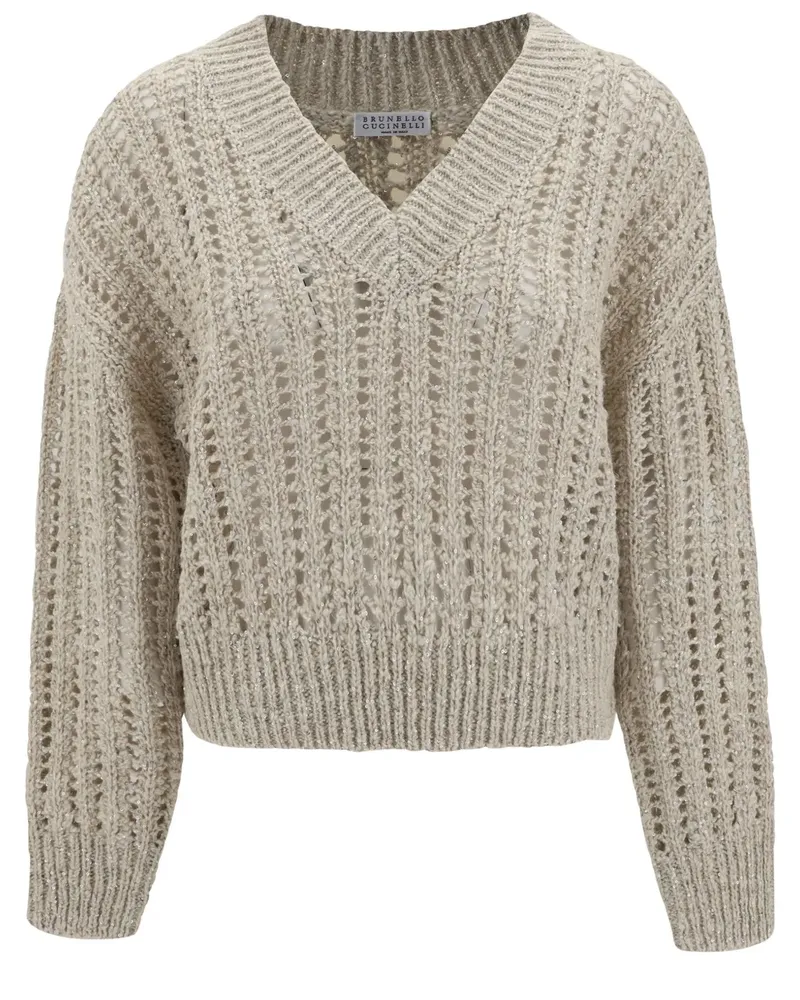 Brunello Cucinelli V-Ausschnitt-Pullover mit Zopfmuster - Nude Nude