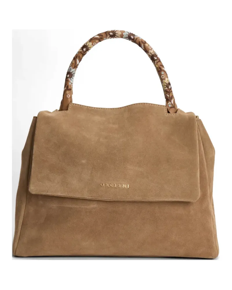Orciani embroidered-handle suede shoulder bag - Nude Nude