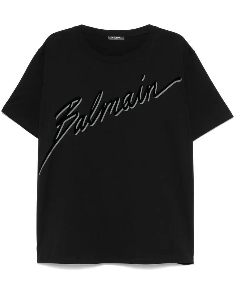 Balmain T-Shirt mit geflocktem Logo Schwarz