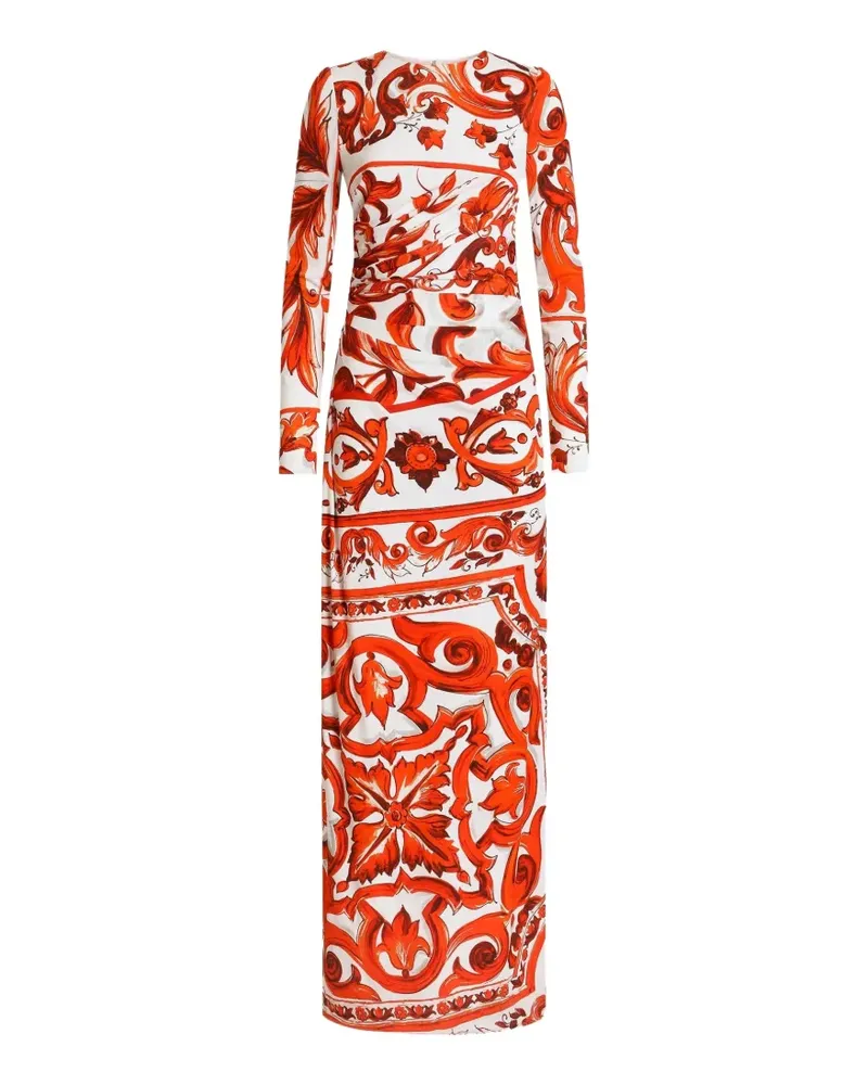 Dolce & Gabbana Langes Organzine Kleid mit Majolica-Print - Orange Orange
