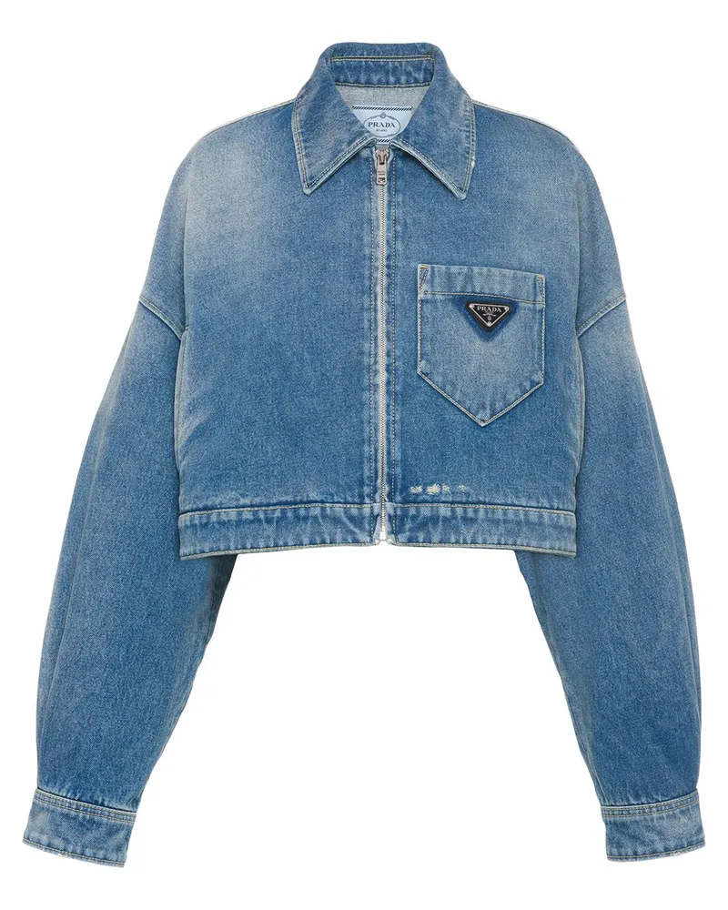 Prada Cropped-Jeansjacke mit Logo-Schild - Blau Blau