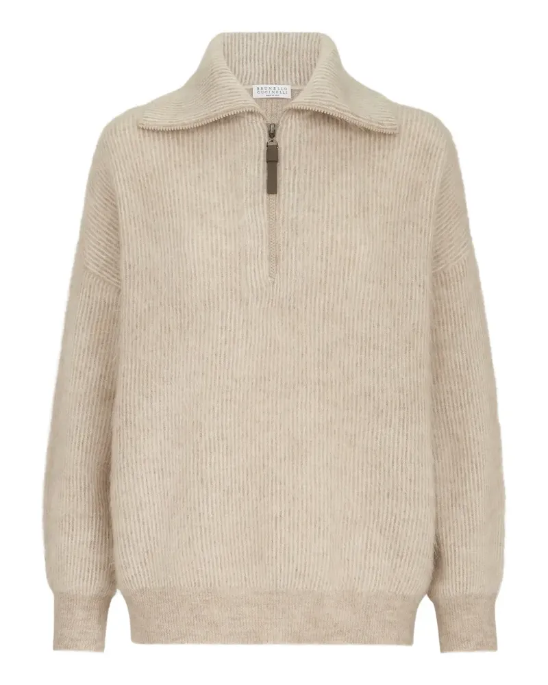 Brunello Cucinelli Vanisé-Pullover aus Mohair und Wolle in englischer Rippung mit Stehkragen und kurzem Reißverschluss - Nude Nude