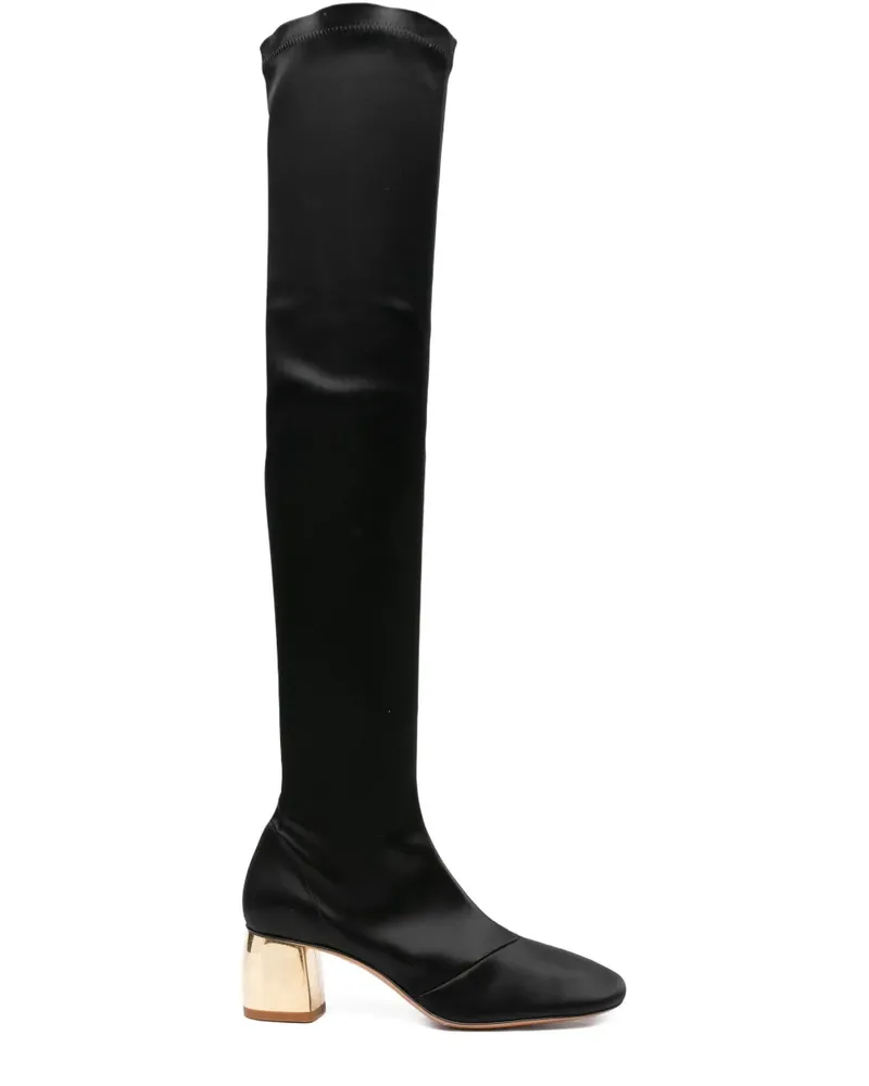forte_forte Kniehohe Stiefel mit goldfarbenem Absatz 55mm - Schwarz Schwarz