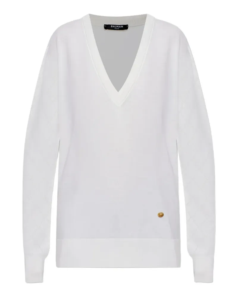 Balmain pointelle-knit V-neck sweater - Weiß Weiß