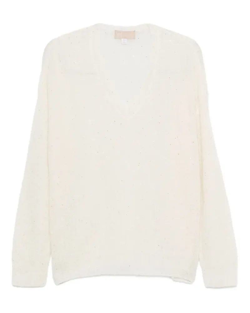 120% Lino sequin-embellished V-neck sweater - Weiß Weiß