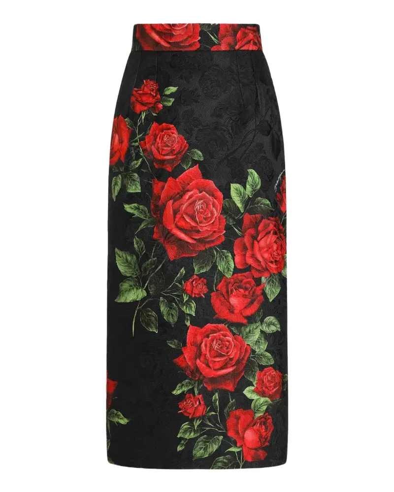 Dolce & Gabbana Brokatrock mit Rosen-Print - Schwarz Schwarz