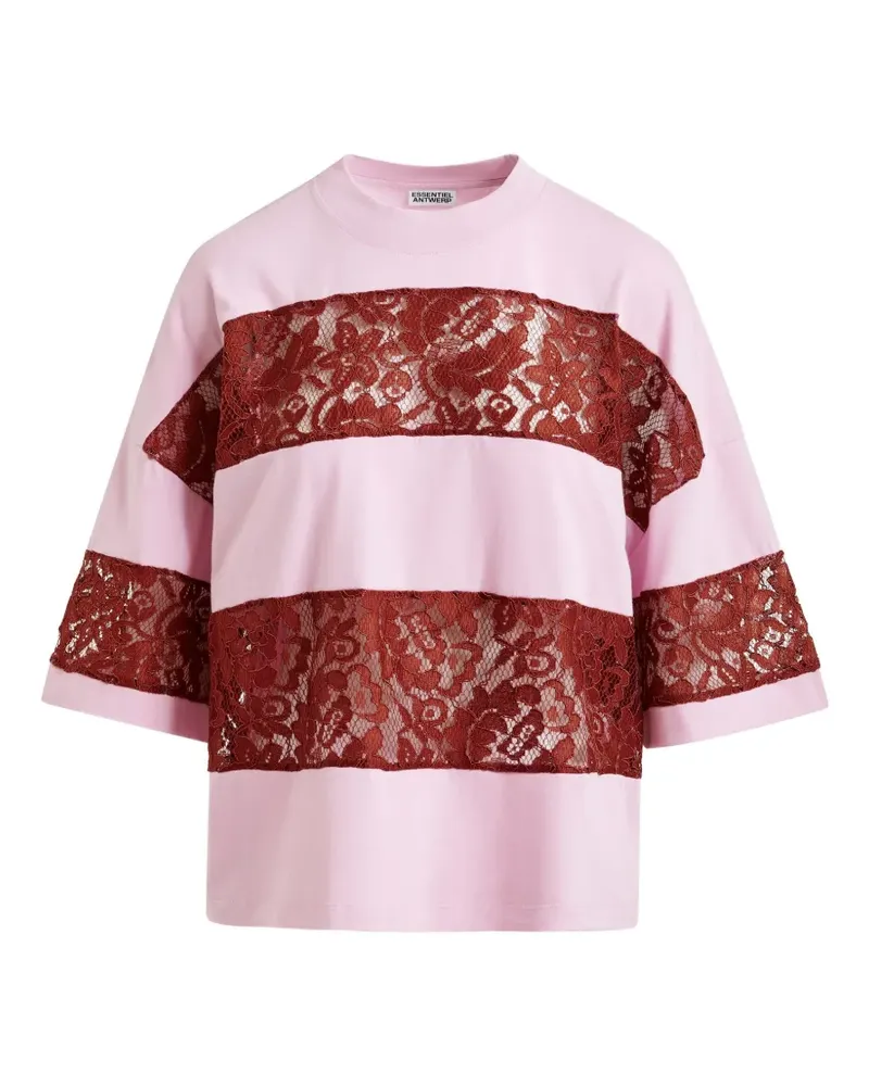 Essentiel T-Shirt mit Spitzenstreifen - Rosa Rosa