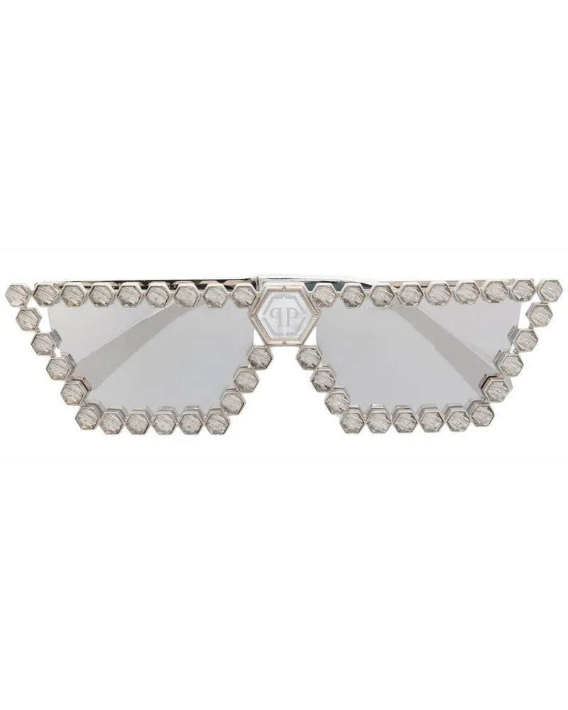 Philipp Plein Eckige Sonnenbrille mit Kristallen - Silber Silber
