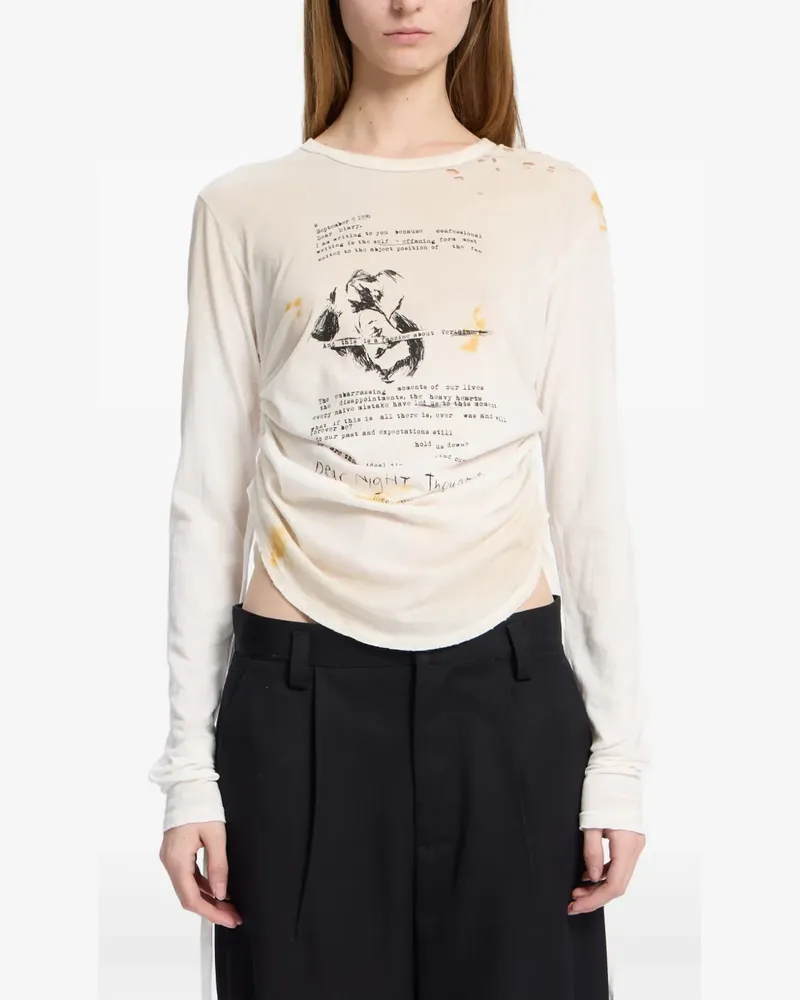 Ann Demeulemeester Distressed-T-Shirt mit Text-Print - Weiß Weiß