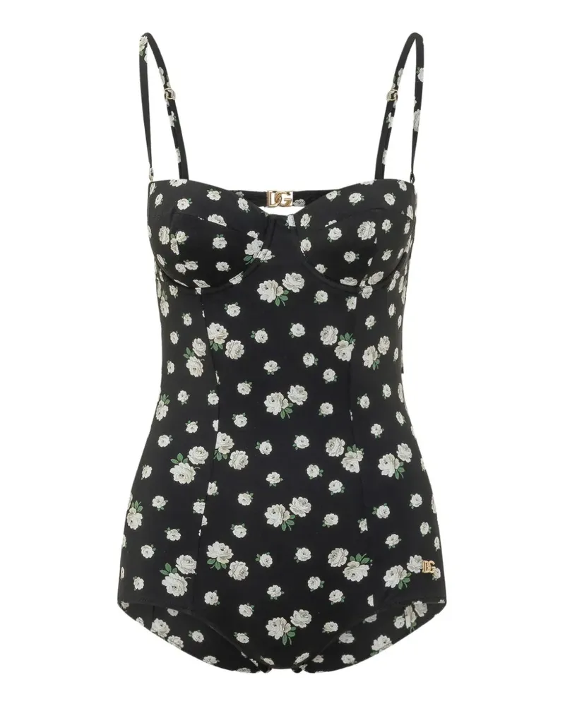 Dolce & Gabbana floral-print DG logo swimsuit - Schwarz Schwarz