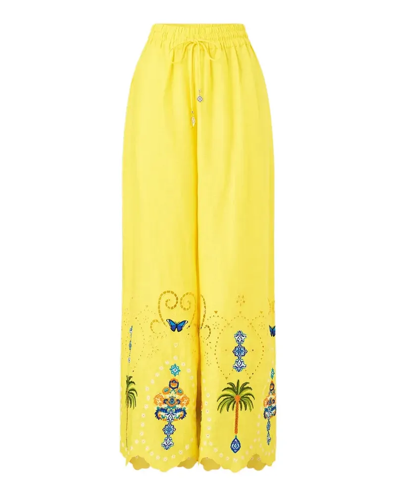 Camilla embroidered straight-leg linen trousers - Gelb Gelb