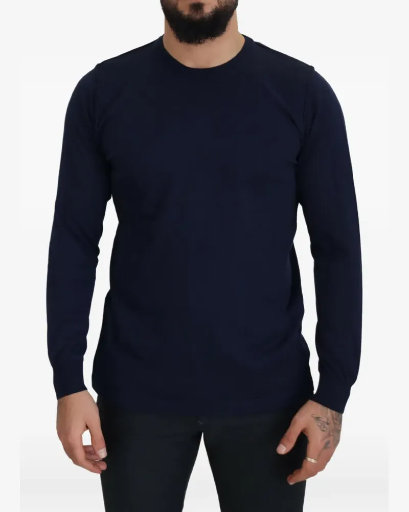 Paolo Pecora Milano Fein gestricktes Langarmshirt mit rundem Ausschnitt - Blau Blau