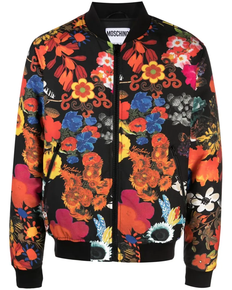 Moschino Gefütterte Bomberjacke mit Blumen-Print Schwarz