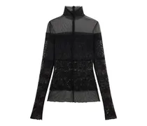 Semi-transparentes Spitzentop mit Stehkragen - Schwarz