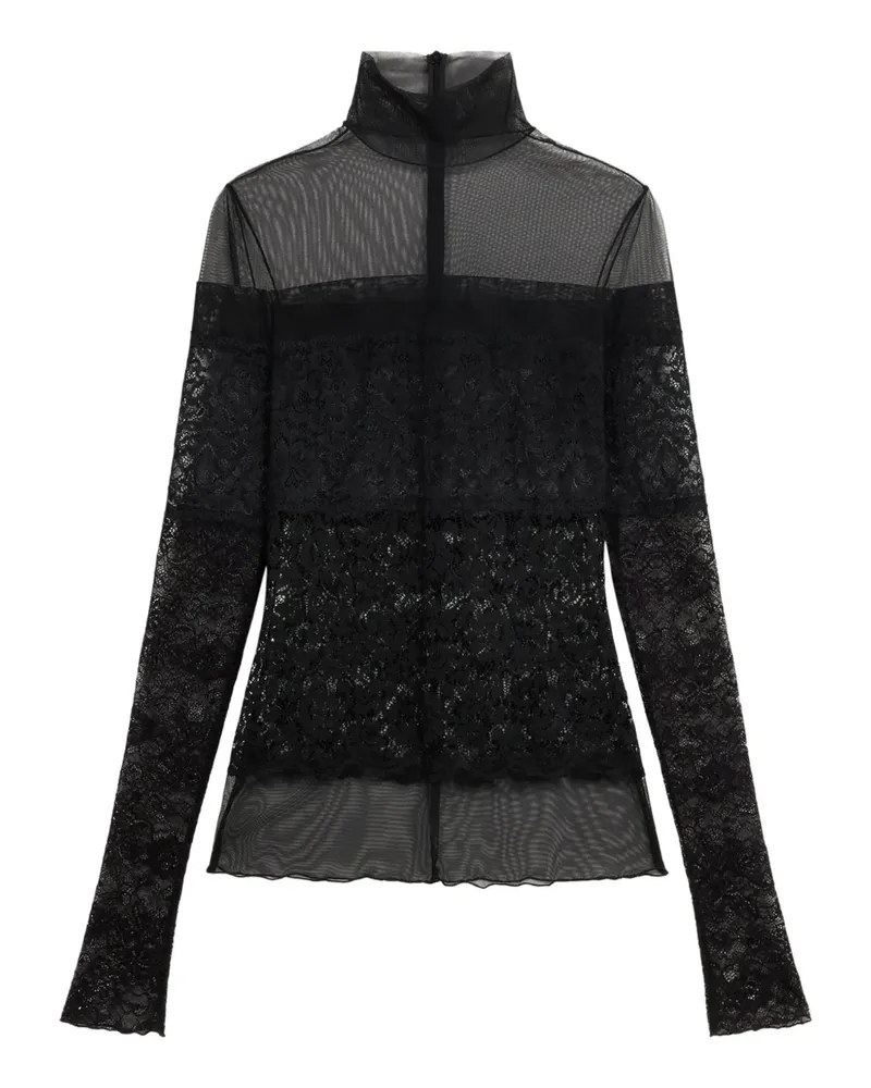 Blumarine Semi-transparentes Spitzentop mit Stehkragen - Schwarz Schwarz