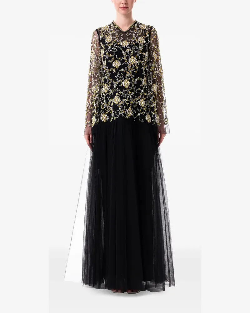 Dina Melwani floral-embellished layered maxi dress - Schwarz Schwarz