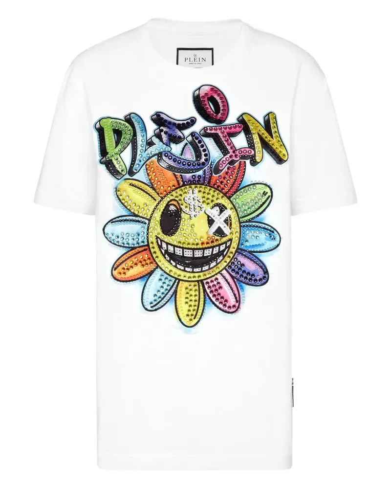 Philipp Plein T-Shirt mit kristallverzierten Blumen - Weiß Weiß